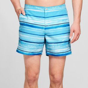 6" Blue Striped Shore Snap Print Swim Trunks W40